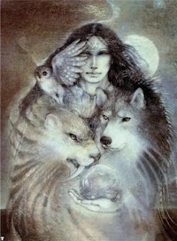 a painting of a woman with a wolf and an owl