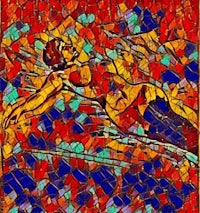 a mosaic painting of a woman laying on the floor